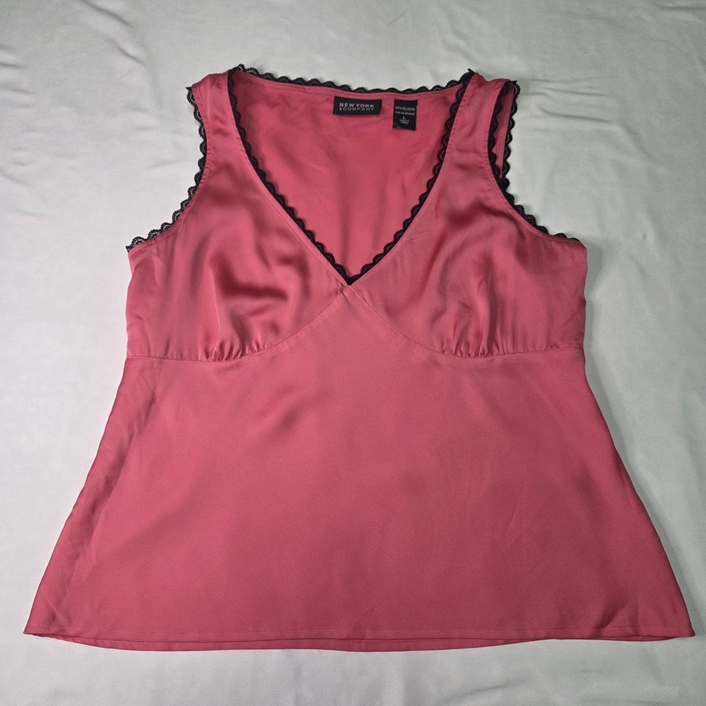 New York and Co Women L Pink & Black Satiny Babydoll Cami Top Siren y2k Coquette